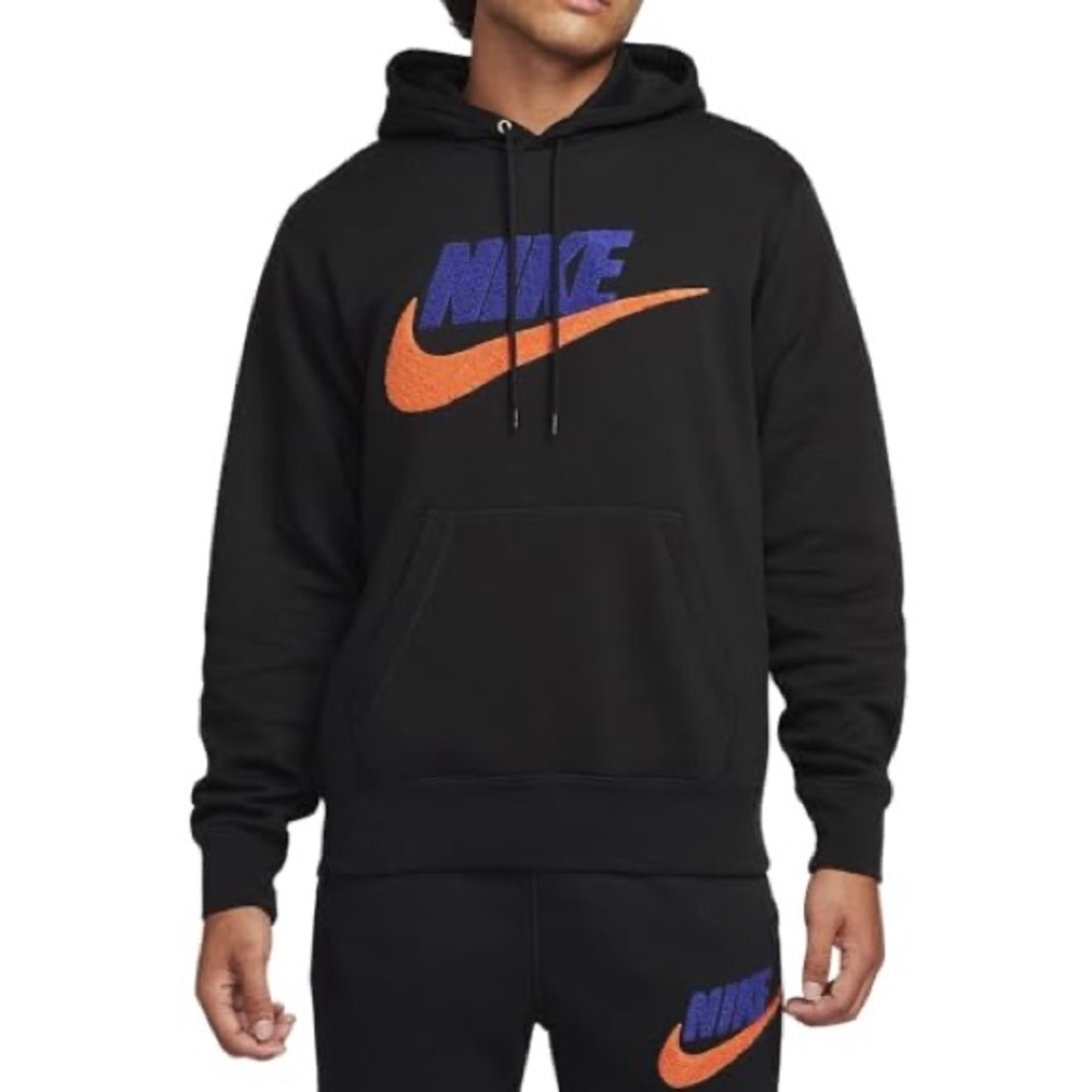 Nike Black Hoodie with Vibrant Orange and Blue Accents